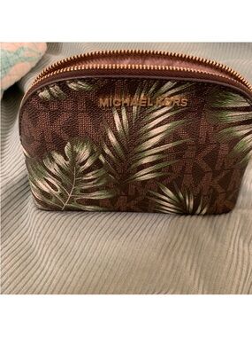 Michael Kors Brown Tropical Leaf Cosmetic Pouch with Green Accents